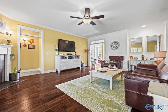 126 Mattie Ct, Madison, AL 35756 - living room with ceiling fan, ornamental molding, wood-type flooring, and a tile fireplace