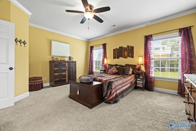 126 Mattie Ct, Madison, AL 35756 - carpeted bedroom featuring crown molding, multiple windows, and a ceiling fan