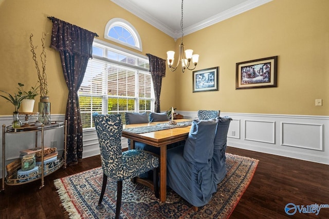 126 Mattie Ct, Madison, AL 35756 - dining room featuring crown molding, a chandelier, a wainscoted wall, and wood finished floors
