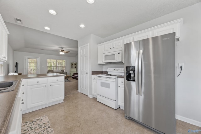 170 Jarrett Ln, Madison, AL 35758 - kitchen featuring white appliances, a ceiling fan, white cabinetry, and recessed lighting