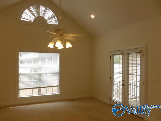 carpeted spare room with baseboards, ceiling fan, high vaulted ceiling, and a wealth of natural light
