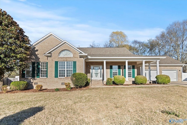 ranch-style home with a garage, crawl space, brick siding, a front lawn, and a shingled roof