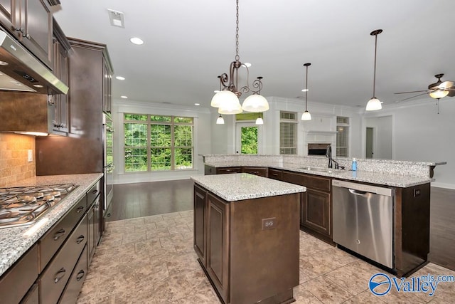 kitchen featuring light hardwood / wood-style flooring, a center island, stainless steel appliances, decorative backsplash, and dark brown cabinetry