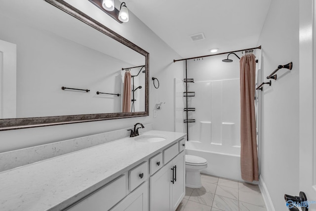 full bathroom featuring toilet, vanity, visible vents, marble finish floor, and shower / bath combo