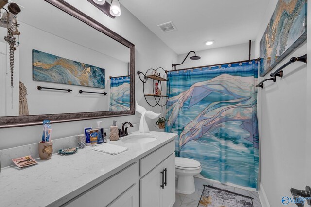 full bath with marble finish floor, visible vents, toilet, vanity, and a shower with curtain