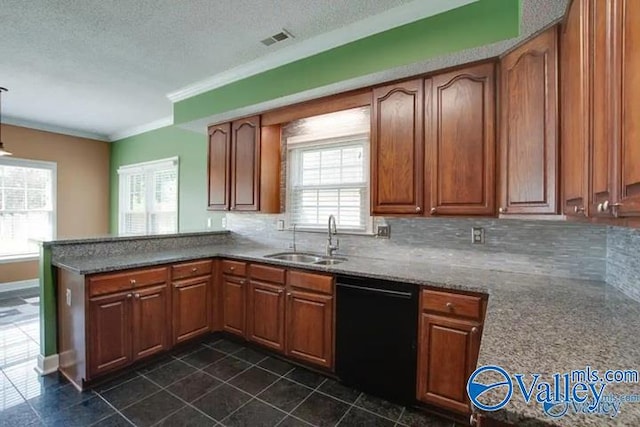 kitchen featuring sink, black dishwasher, crown molding, and tasteful backsplash