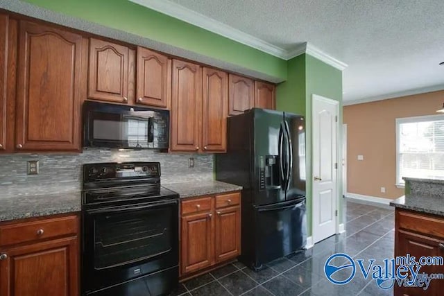 kitchen with decorative backsplash, dark stone counters, a textured ceiling, ornamental molding, and black appliances