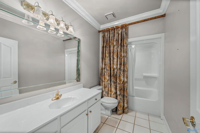 full bathroom with toilet, tile patterned flooring, ornamental molding, vanity, and shower / tub combo