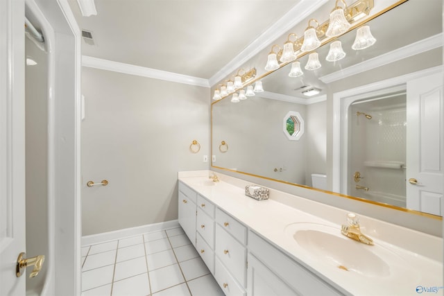 904 Driver Rd NW, Fort Payne, AL 35967 - bathroom featuring visible vents, crown molding, double vanity, tile patterned floors, and a sink