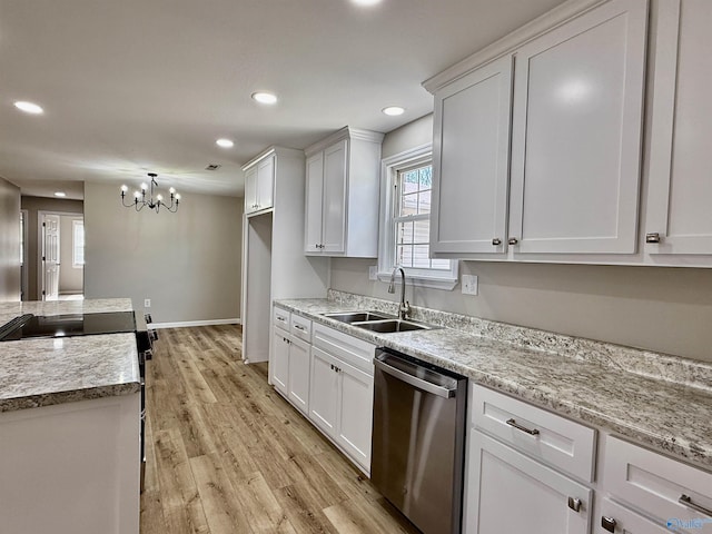 kitchen featuring dishwasher, sink, white cabinets, electric range, and light hardwood / wood-style flooring