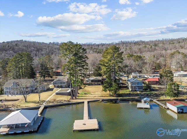 aerial view featuring a water view