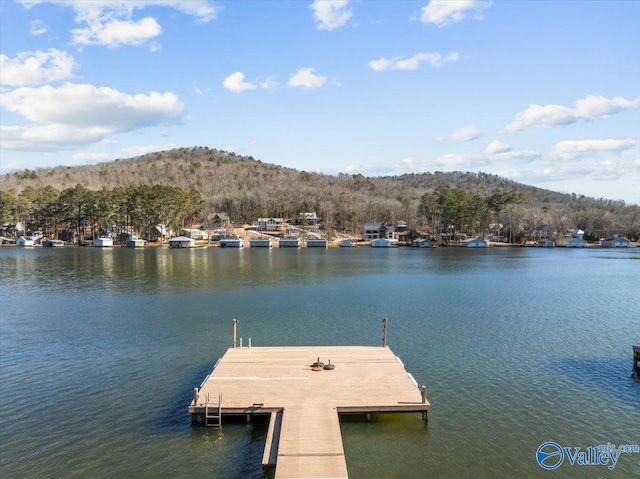 view of dock featuring a water and mountain view