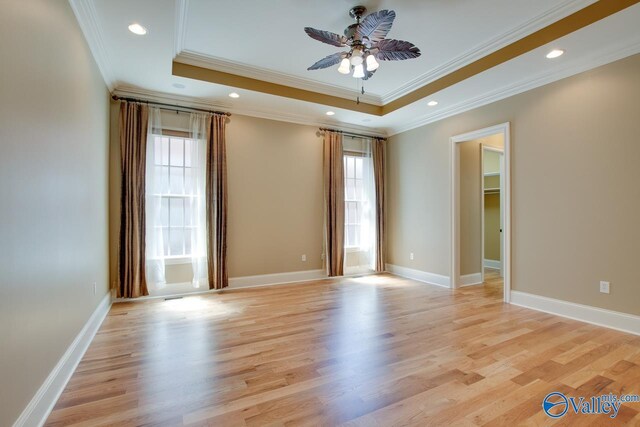 spare room with a tray ceiling, a healthy amount of sunlight, light wood-style flooring, and baseboards