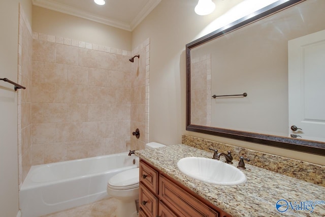 bathroom with tile patterned flooring, toilet, vanity, tub / shower combination, and crown molding