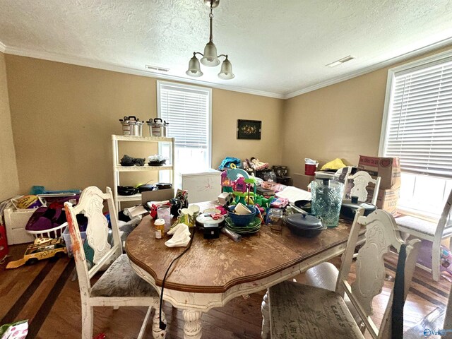 dining area with hardwood / wood-style flooring, a chandelier, and plenty of natural light