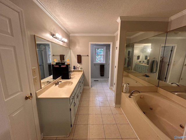 2103 Orba Dr, Huntsville, AL 35811 - full bath featuring vanity, a textured ceiling, tile patterned floors, a tub with jets, and ornamental molding