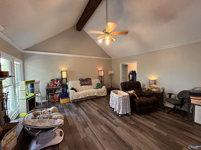 2103 Orba Dr, Huntsville, AL 35811 - living area featuring crown molding, dark wood-style flooring, beam ceiling, high vaulted ceiling, and a ceiling fan