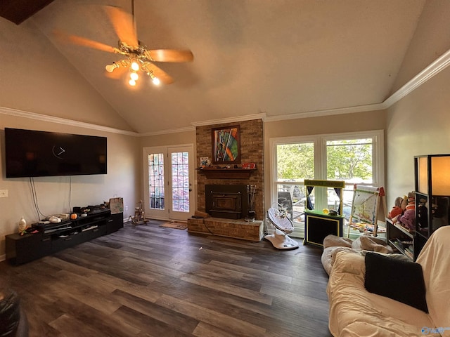 2103 Orba Dr, Huntsville, AL 35811 - living area featuring a fireplace, a ceiling fan, a wealth of natural light, and dark wood-type flooring