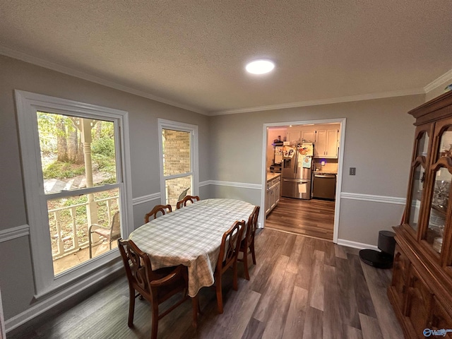 2103 Orba Dr, Huntsville, AL 35811 - dining room with dark wood-style flooring, a textured ceiling, baseboards, ornamental molding, and recessed lighting