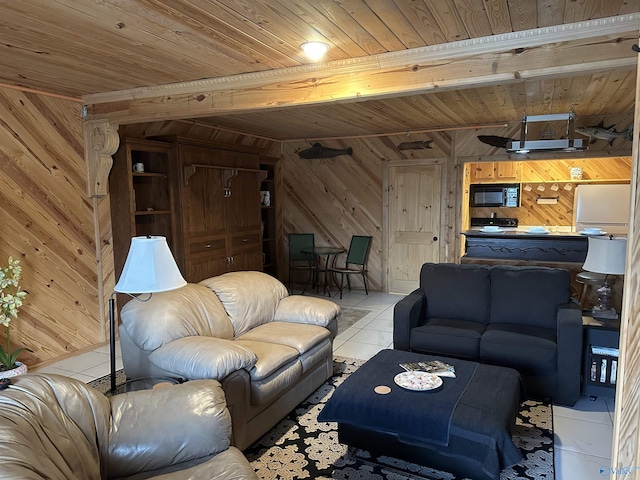 living room featuring wood ceiling, wooden walls, beam ceiling, and light tile patterned flooring