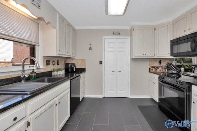 kitchen featuring black appliances, decorative backsplash, white cabinets, sink, and ornamental molding