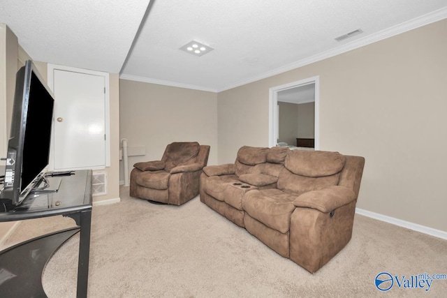 living room with a textured ceiling, crown molding, and carpet flooring