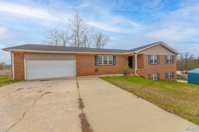 ranch-style house with a garage, a front yard, concrete driveway, and brick siding