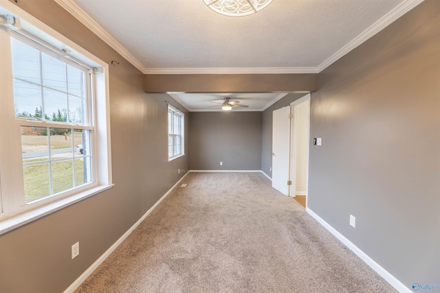 unfurnished room with carpet flooring, crown molding, baseboards, and ceiling fan