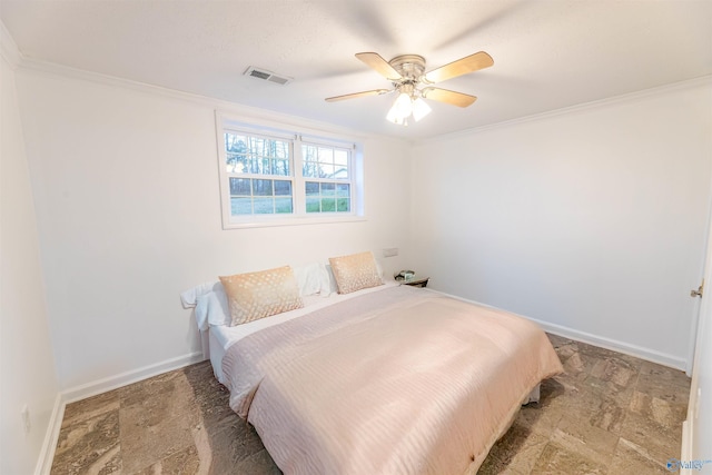 bedroom with baseboards, visible vents, ceiling fan, and crown molding