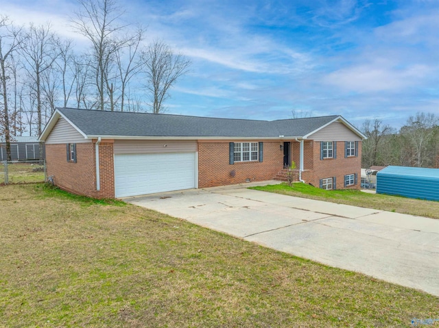 single story home with crawl space, a front yard, a garage, and brick siding