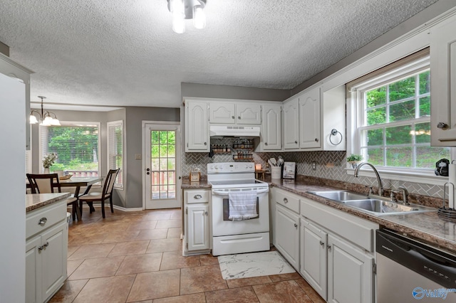 kitchen featuring stainless steel dishwasher, decorative backsplash, sink, white electric range oven, and light tile patterned floors