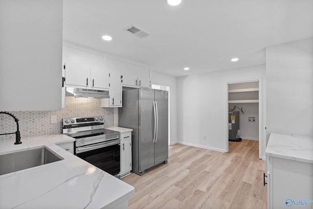 kitchen featuring water heater, stainless steel appliances, sink, light hardwood / wood-style floors, and white cabinetry