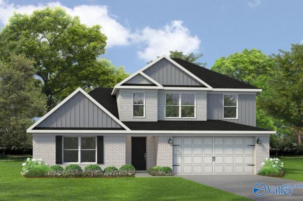 view of front of house featuring concrete driveway, brick siding, a garage, board and batten siding, and a front yard