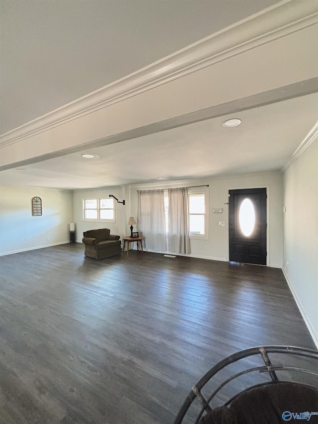 entrance foyer featuring plenty of natural light, baseboards, crown molding, and wood finished floors