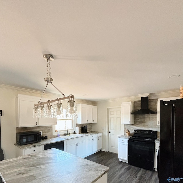 kitchen featuring black appliances, backsplash, white cabinetry, wall chimney exhaust hood, and crown molding