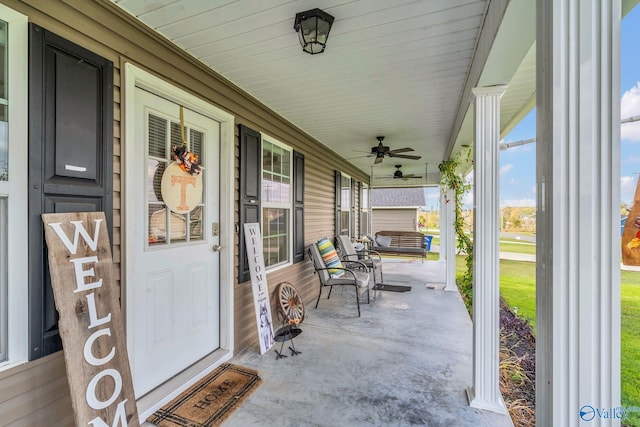 view of patio / terrace featuring ceiling fan and covered porch