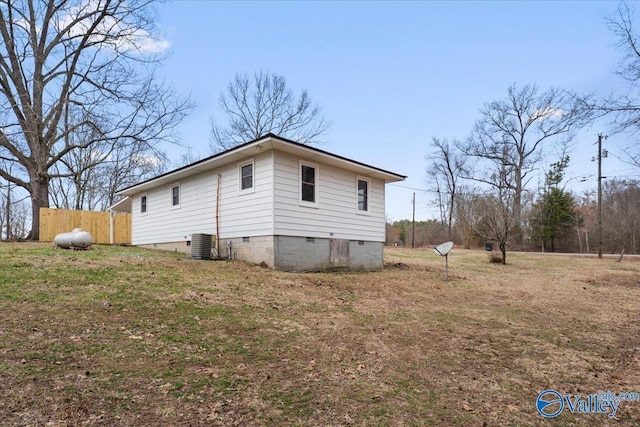 view of home's exterior featuring central air condition unit, a lawn, and crawl space