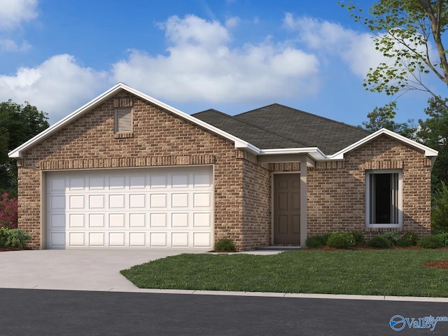 single story home with brick siding, a garage, driveway, and a front yard