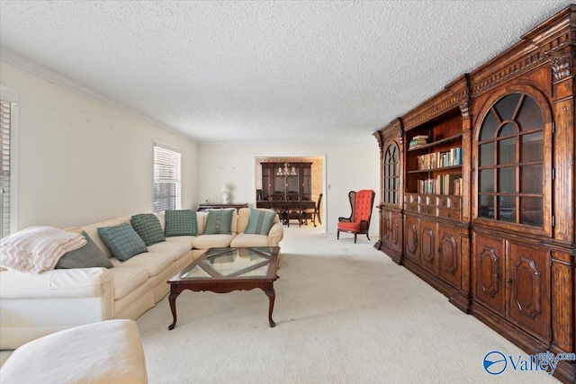 carpeted living room featuring crown molding and a textured ceiling