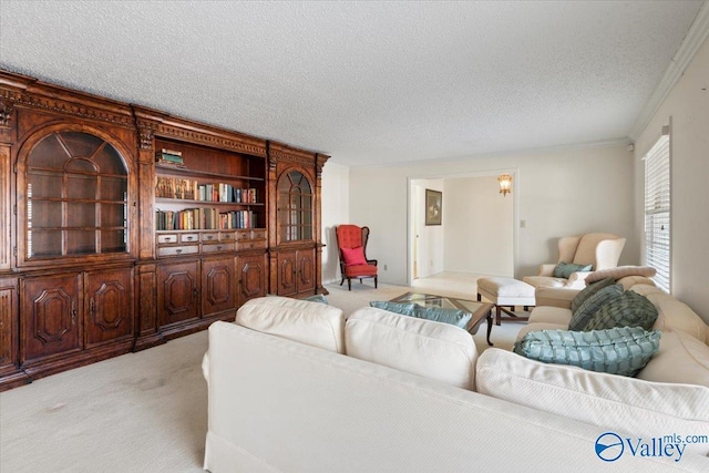 living room with light carpet, a textured ceiling, and ornamental molding