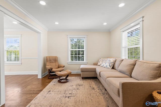 living room featuring crown molding, a wealth of natural light, and hardwood / wood-style floors