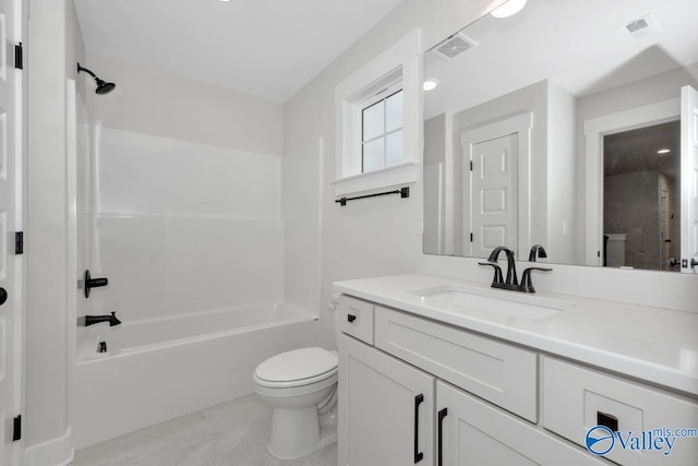 bathroom with toilet,  shower combination, vanity, and visible vents