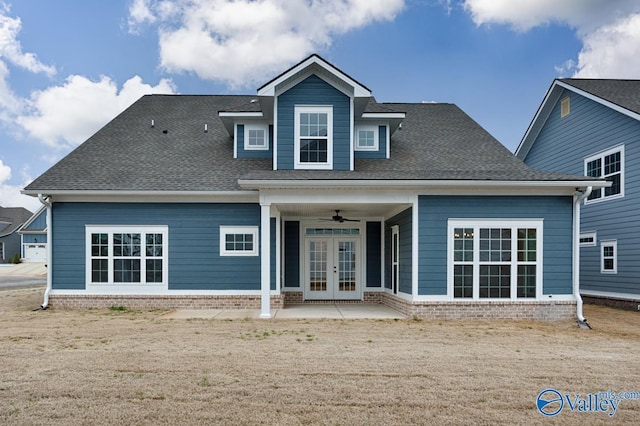 back of house with ceiling fan, brick siding, french doors, roof with shingles, and a patio area