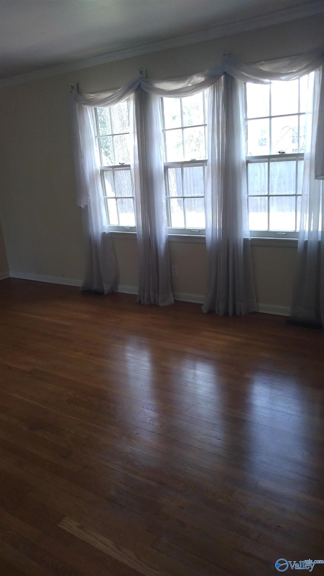 empty room featuring baseboards, a healthy amount of sunlight, ornamental molding, and dark wood finished floors