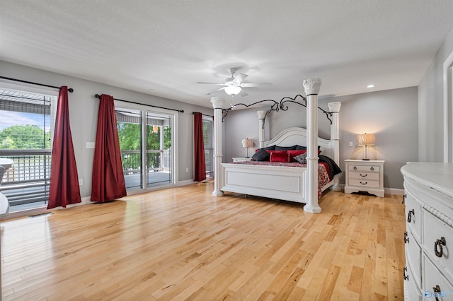 bedroom with visible vents, baseboards, access to outside, recessed lighting, and light wood-type flooring