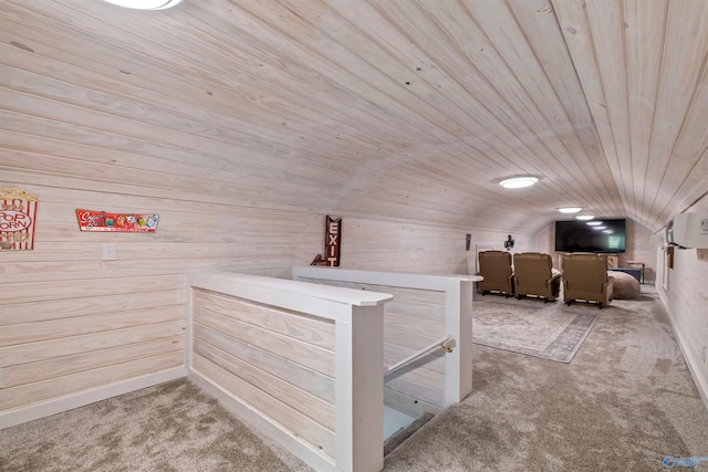 bonus room with wooden walls, wooden ceiling, carpet, and lofted ceiling