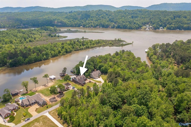 drone / aerial view featuring a view of trees and a water and mountain view
