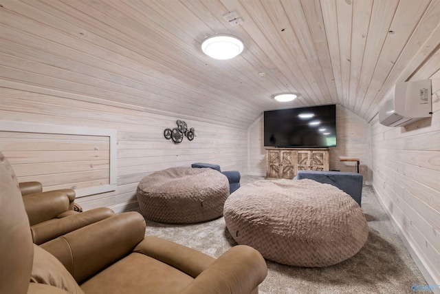 cinema room featuring wooden ceiling, carpet floors, vaulted ceiling, and wood walls