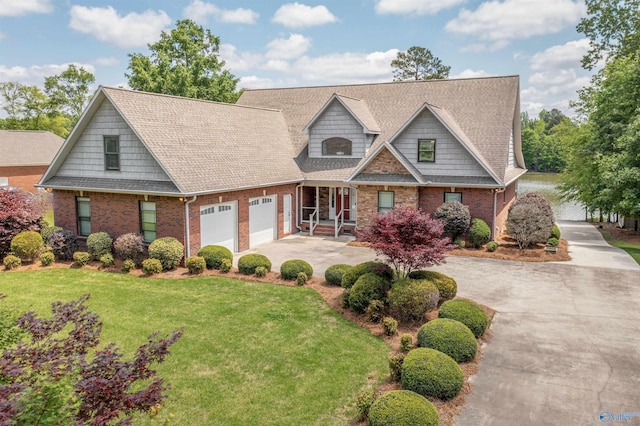 cape cod house featuring aphalt driveway, a front yard, brick siding, a shingled roof, and an attached garage