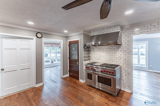 kitchen with wall chimney exhaust hood, a wealth of natural light, range with two ovens, and dark hardwood / wood-style floors